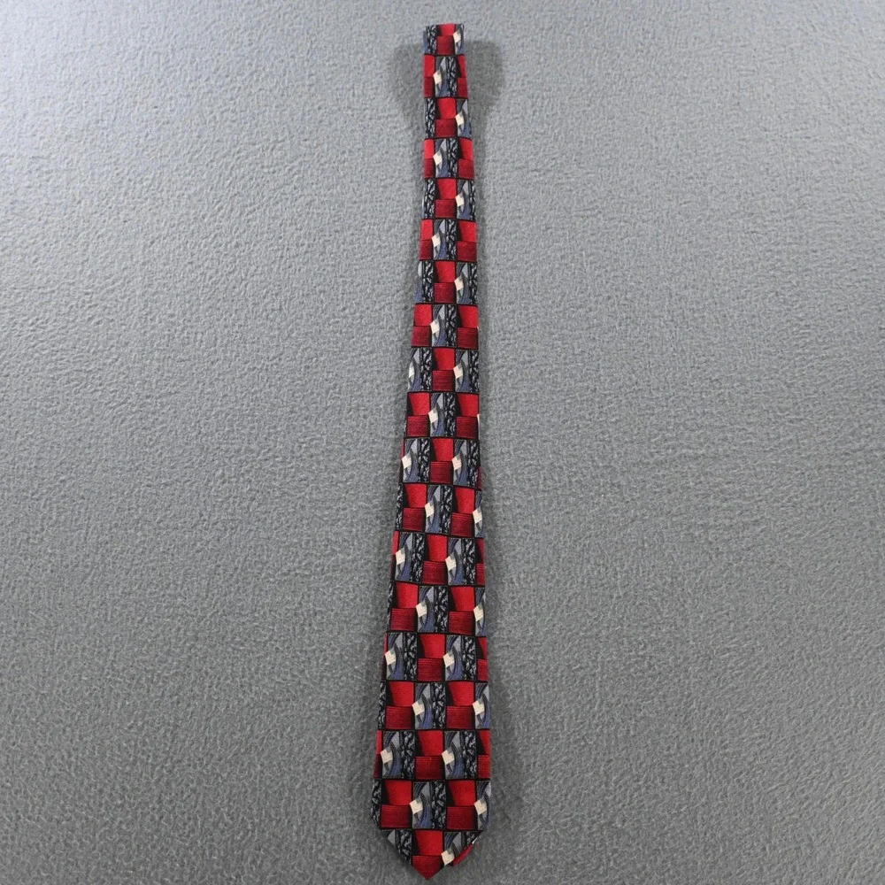 San Marino Mens Vintage 90s Geometric Abstract Silk Necktie OS Red Black
